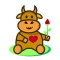 Cute little cartoon cow with red heart and flower in hand. Royalty Free Stock Photo