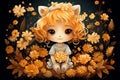 Cute little cartoon girl with autumn yellow flowers, dark background Royalty Free Stock Photo