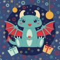 Cute little cartoon green dragon holding red gift on dark blue background. New year animal vector illustration. Simple Royalty Free Stock Photo