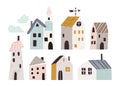 Cute little cartoon houses isolated clip arts set, small funny buildings in Scandinavian style. Tiny urban or village