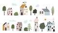 Cute little cartoon houses isolated clip arts set, small funny buildings and trees, bushes in Scandinavian style. Tiny