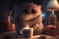 Cute little cartoon kitten in a scarf, with a cup, candle light, dark background Royalty Free Stock Photo