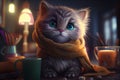 Cute little cartoon kitten in a scarf, with a cup, candle light, dark background Royalty Free Stock Photo