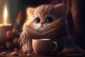 Cute little cartoon kitten in a scarf, with a cup, candle light, dark background Royalty Free Stock Photo