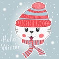 Cute little cartoon kitty in knitted cap and scarf.