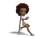 Cute little cartoon school girl with curly hair. Royalty Free Stock Photo