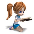 Cute little cartoon school girl reads a book
