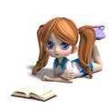 Cute little cartoon school girl reads a book. 3D