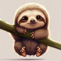 cute little cartoon sloth character hanging on tree branch in white background generative ai Royalty Free Stock Photo