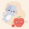 Cute little cat with apple and cherry kawaii cartoon character Royalty Free Stock Photo