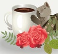 Cute little cat holding a white mug filled with coffee