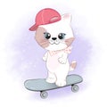 Cute little cat playing skateboard hand drawn illustration Royalty Free Stock Photo