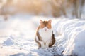 Cute little cat sitting on fresh snow outdoors in winter garden during snowfall.