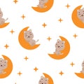 Cute little cat sleeping on moon seamless childish pattern. Funny cartoon animal character for fabric, wrapping, textile Royalty Free Stock Photo