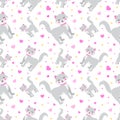 Cute little cat whith hearts seamless pattern. funny endless background, texture. Children`s backdrop. Vector