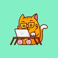 Cute little cat working in front of a laptop cartoon illustration Royalty Free Stock Photo