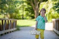 Cute little caucasian boy, eating strawberries in the park Royalty Free Stock Photo