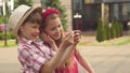 Little children take selfie outdoors Royalty Free Stock Photo