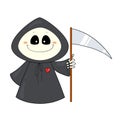 Cute little character death with a scythe, a gloomy priest in a black cloak with a spear and a red heart for your design for the H