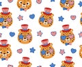 Cute little cheetah head in USA patriotic hat seamless childish pattern. Funny cartoon animal character for fabric Royalty Free Stock Photo