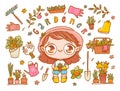 Cute little chibi gardener girl with her tools: flowers, plants, shovel, watering can, gloves, rubber boots. Vector