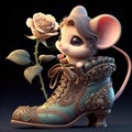 A cute little chibi mouse in a victorian boot, holdong a beautiful rose, romanticism, gorgeous, digital painting art Royalty Free Stock Photo