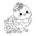 Cute little chick with Easter egg and flowers. Vector illustration. Line drawing, coloring book. Kids holiday collection Royalty Free Stock Photo