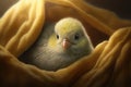 Cute little chick peeks out from under the blanket, generated by AI