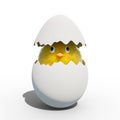 Cute little chicken coming out of a white cracked egg. Fluffy Animal. 3D-Rendering, 3D-Illustration Royalty Free Stock Photo