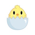 Cute little chicken in a cracked egg. Easter themed, yellow cartoon chicken with cracked eggshell. Vector