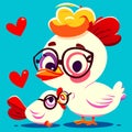 Cute little chicken with glasses and hearts on blue background. Vector illustration. Generative AI Royalty Free Stock Photo