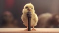 cute little chicken singing with microphone on stage, 3d render