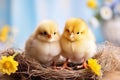 Cute little chicks in nest on wooden table, on light background Royalty Free Stock Photo