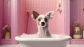 Cute little chihuahua dog taking a bath in the bathroom Royalty Free Stock Photo