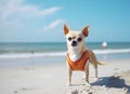 Cute little chihuahua with a life jacket sitting on a sandy beach Royalty Free Stock Photo