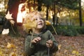 Cute little child with blonde curly hair enjoying in the park Royalty Free Stock Photo