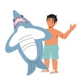 Cute little child boy with inflatable ring in shape of shark, flat vector illustration isolated. Royalty Free Stock Photo