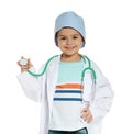 Cute little child in doctor coat with stethoscope on white