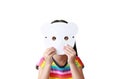 Cute little child girl holding blank white animal paper mask fronting her face isolated on white background. Idea and concept for