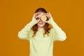 cute little child girl holding fresh juicy lemon Royalty Free Stock Photo