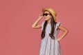 cute little child girl in summer dress, hat and sunglasses Royalty Free Stock Photo