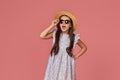 cute little child girl in summer dress, hat and sunglasses Royalty Free Stock Photo