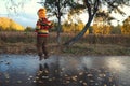 Cute little child in orange hat and colorful knitted sweater jumping on wet road with fall foliage in autumn park. View from