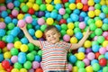 Cute little child playing in ball pit at indoor park Royalty Free Stock Photo