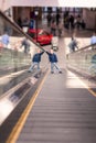 Cute little child in shopping center standing on moving escalator Royalty Free Stock Photo