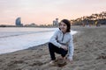 Cute little child tourists, admiring the beach Barcelona city, family travel with kids Royalty Free Stock Photo