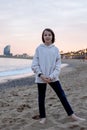 Cute little child tourists, admiring the beach Barcelona city, family travel with kids Royalty Free Stock Photo