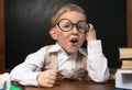 Cute little child wearing glasses at desk. First time at school Royalty Free Stock Photo