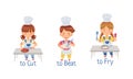 Cute little children cooking in the kitchen. Cut, beat, fry action verbs for kids education cartoon vector illustration