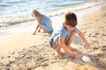 Cute little children gathering sea shells on beach Royalty Free Stock Photo